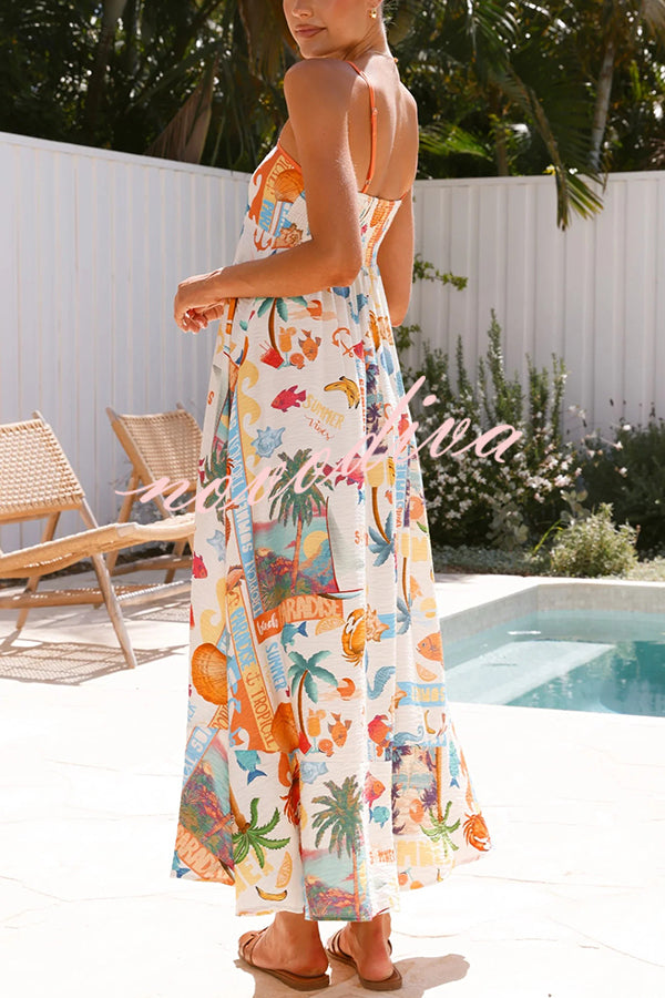 Marine Life Print Sleeveless Sling Holiday Maxi Dress