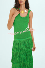Solid Color Sleeveless Slim Fit Fringed Hem Knitted Midi Dress
