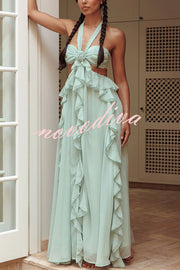 Gorgeous Vacation Halter Rose Detail Cut Out Ruffles Backless Maxi Dress
