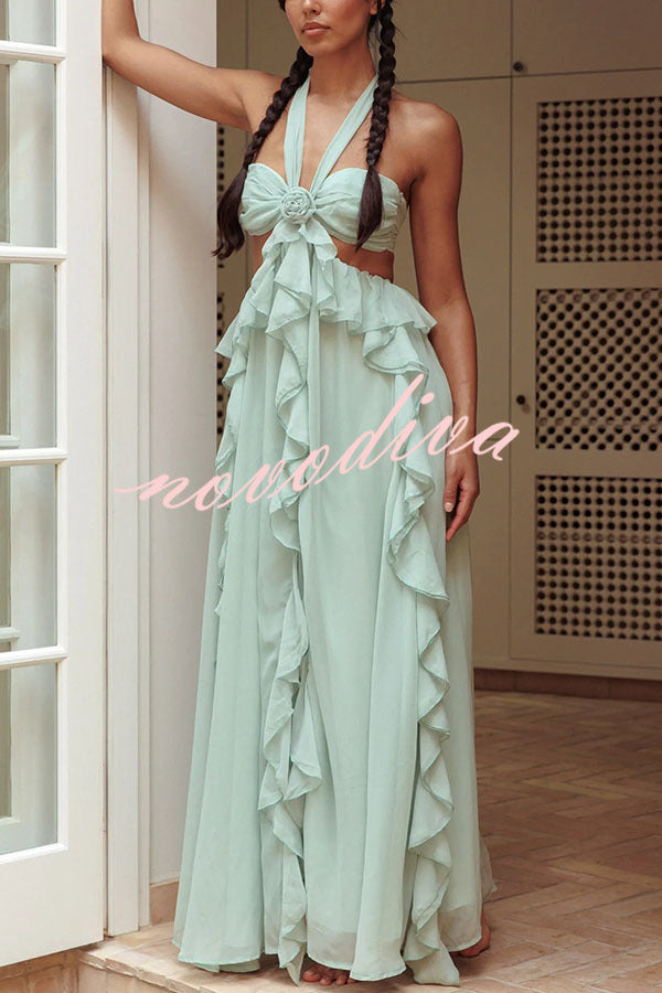 Gorgeous Vacation Halter Rose Detail Cut Out Ruffles Backless Maxi Dress