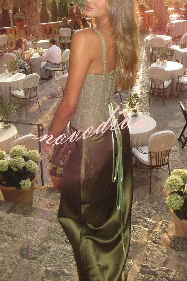 In A Fairytale Lace Satin Mid Rise Drape Maxi Skirt