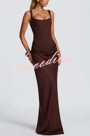Larrah Square Neck Back Lace-up Satin Drape Hem Maxi Dress