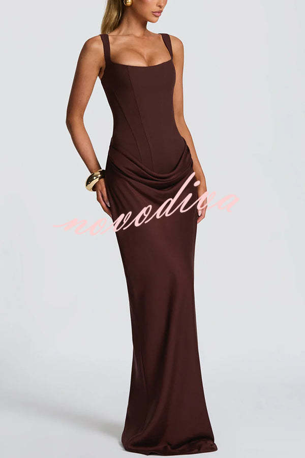 Larrah Square Neck Back Lace-up Satin Drape Hem Maxi Dress