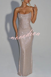 Mirabella Sequin Pleated Cowl Scooped Neckline Back Lace-up Strapless Maxi Dress