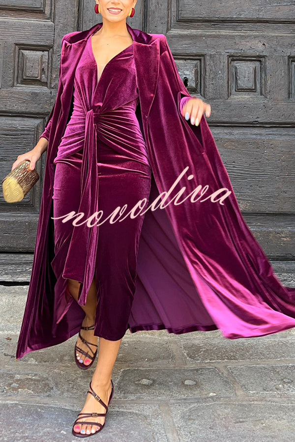 Olivienne Luxurious Velvet Padded Shoulders Slit Sleeve Lapel Midi Cape