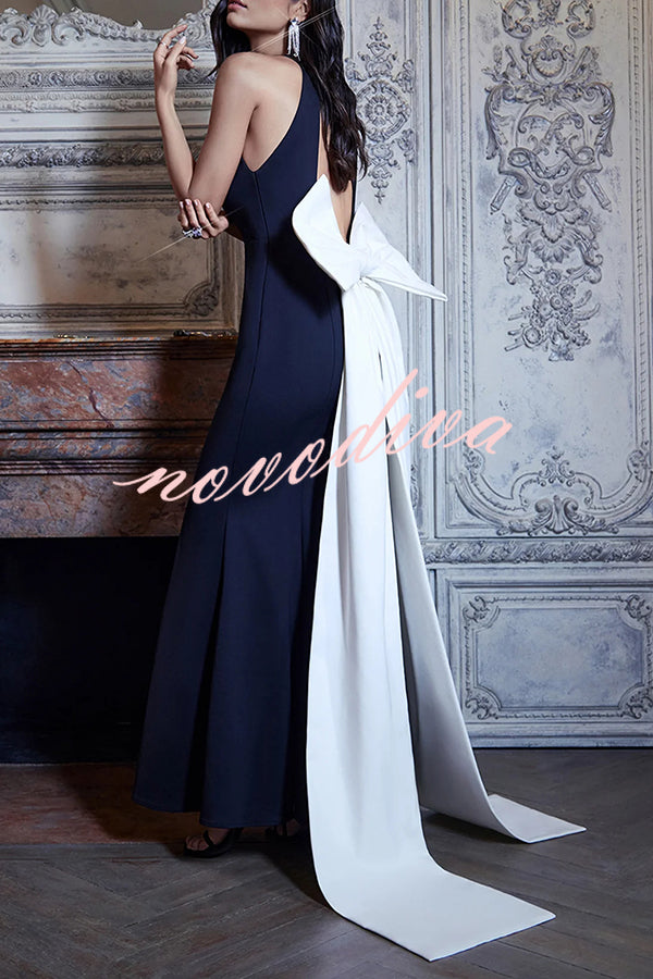 Statement Chic Racer Neck Back Oversized Bow Hem Backless Maxi Dress