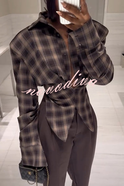 Vintage Plaid Shoulder Pad Buttons Long Sleeve Angled Hem Shirt