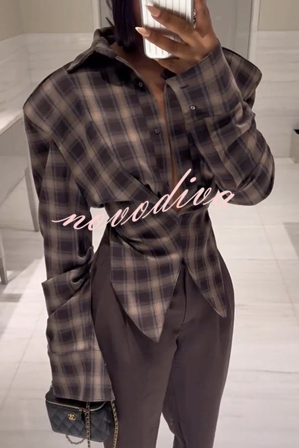 Vintage Plaid Shoulder Pad Buttons Long Sleeve Angled Hem Shirt