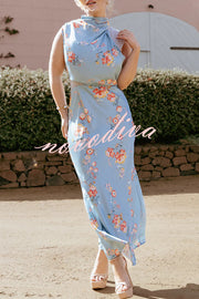 Anabelle Satin Lace Detail Floral Print High Cowl Neck Maxi Dress