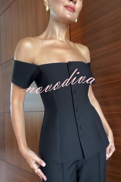 Solid Color Off Shoulder Short-sleeved Single-breasted Top