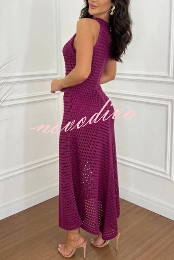 Violet Crochet Knit Round Neck Texture A-line Maxi Dress