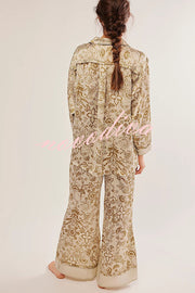 Unique Printed Lounge Long-sleeved Shirt and Elastic Waisted Baggy Pants Set