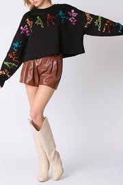 Halloween Skull Sequin Loose Crop Casual Sweatshirt