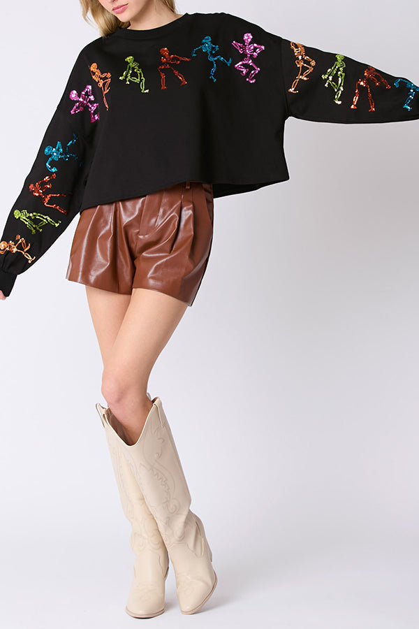 Halloween Skull Sequin Loose Crop Casual Sweatshirt