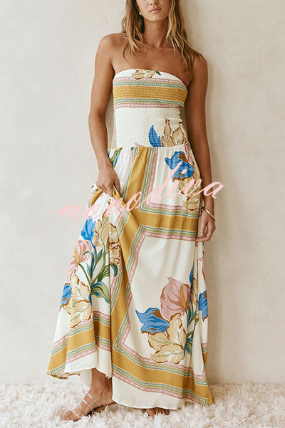 Linen Blend Unique Print Off-The-Shoulder Pleated Resort Maxi Dress