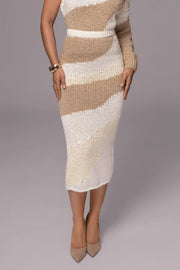 Soft Autumn Knit Colorblock High Rise Elastic Waistband Stretch Midi Skirt