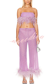 Music Carnival Glitter Stretch Fabric Feather Trim Tank and Elastic Waisted Flared Pants Set