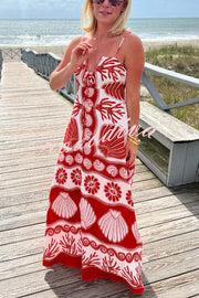 Beautiful Shell Unique Print Front Lace-up Loose  Maxi Dress