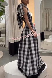 Anika Colorblock Plaid Halter Tie-up Maxi Dress