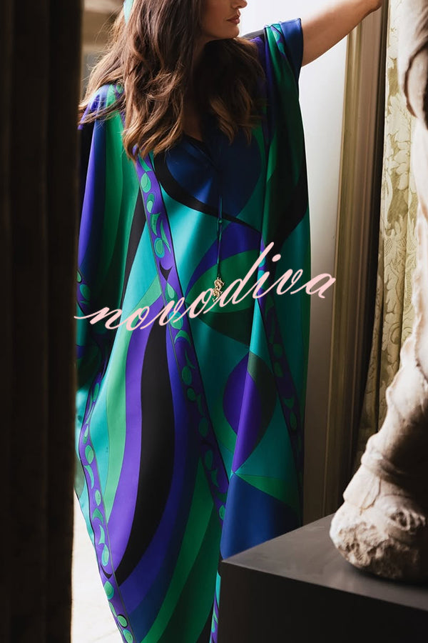Holiday Choice Satin Unique Print Drape Wide Sleeve Loose Kaftan Maxi Dress