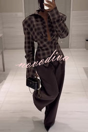Vintage Plaid Shoulder Pad Buttons Long Sleeve Angled Hem Shirt