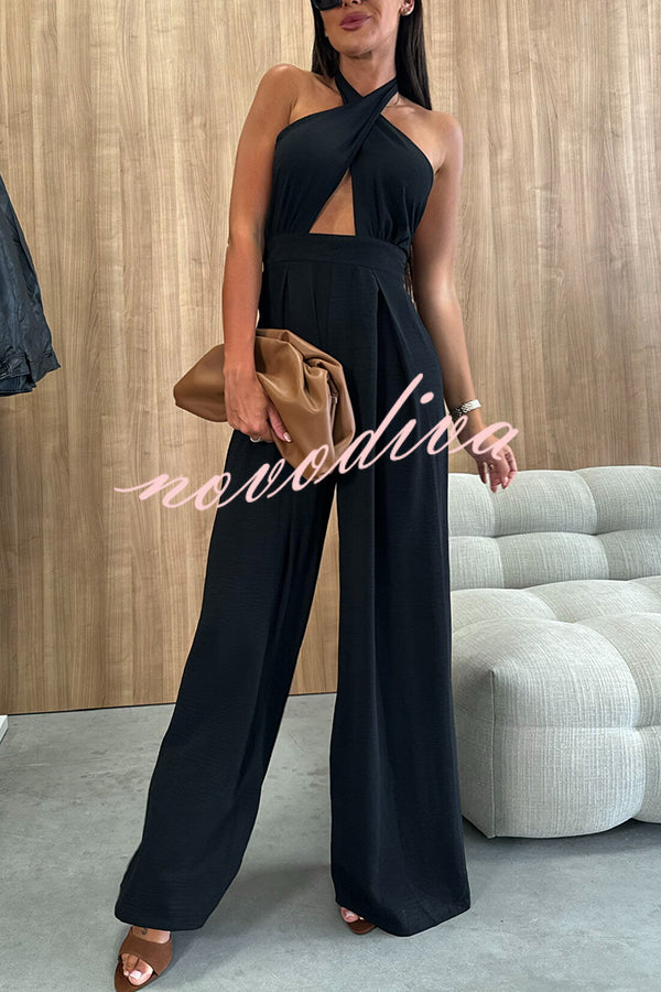 Easy Mode Cross-neck Halter Strap Backless Wide Leg Jumpsuit