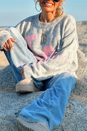 Letter Pattern Crew Neck Long Sleeve Loose Knit Sweater