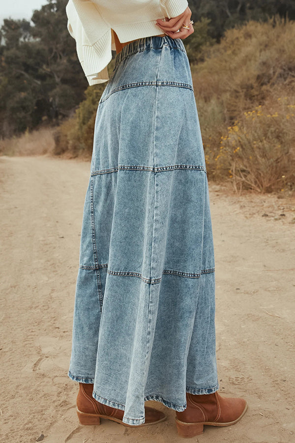 Fashion Elastic Waist Casual Patchwork Denim Maxi Skirt