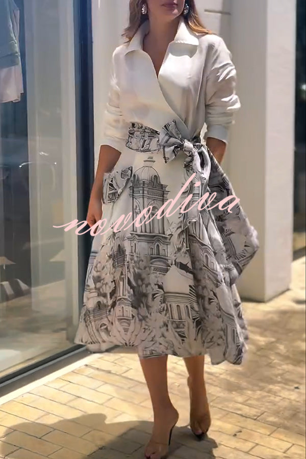 Jiles Linen Blend Unique Contrast Print Long Sleeve Tie-up Pocket Shirt Midi Dress
