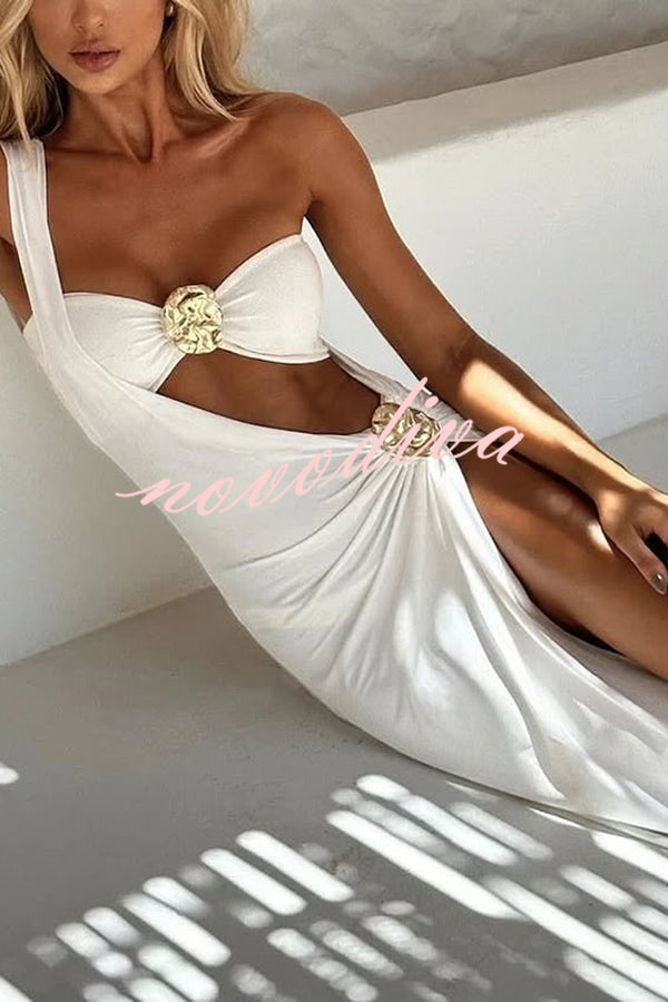 Solid Color Sexy Metallic Stretch Two Piece Bikini Swimsuit and One Shoulder Slim Cover Up Set