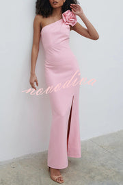 Samaya One Shoulder Detachable Rose Corsage Slit Stretch Maxi Dress