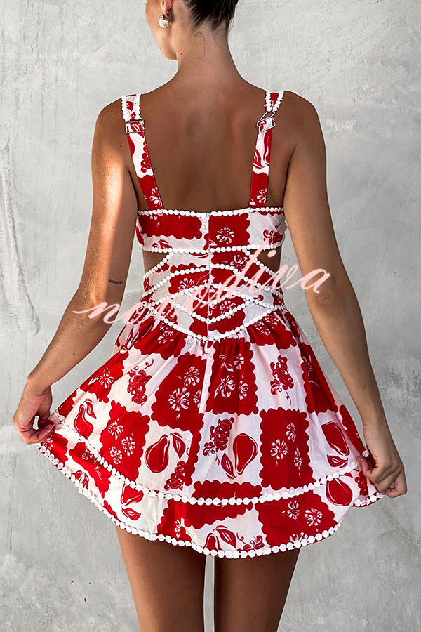 Holiday Colors Ric Rac Trims Unique Print Cutout Round Neck Mini Dress