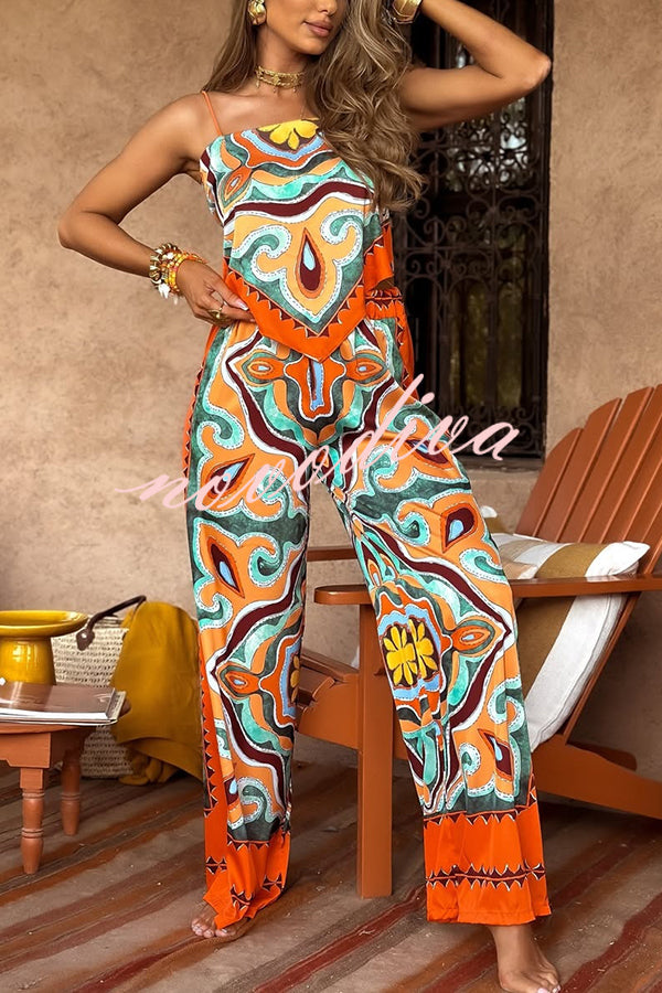 Ethnic Style Unique Print Tube Top and Elastic Waist Casual Pocket Wide Leg Pants Set