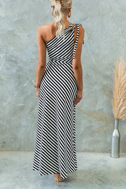 Stylish Striped Print One Shoulder Slope-neck Maxi Dress