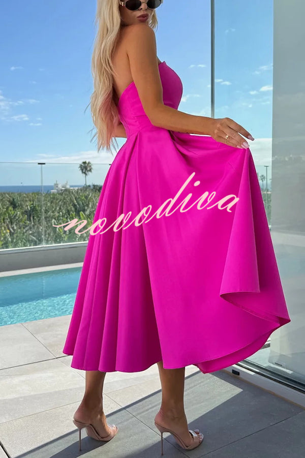 Sweet Cascade Solid Color Off Shoulder Pocket Full Hem Midi Dress