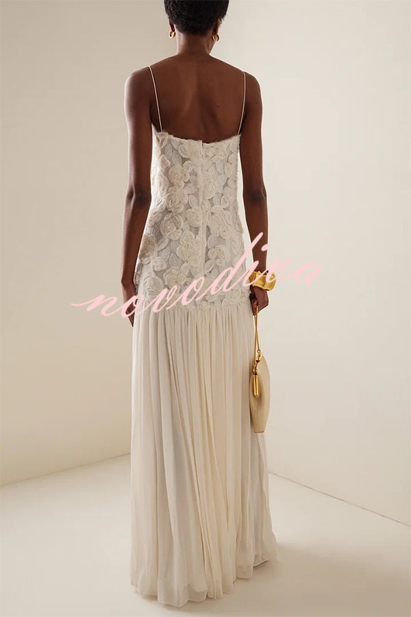 Indulge in Floral Applique Pleated Chiffon Hem Slip Maxi Dress