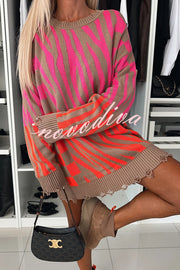 Fashionable Knit Zebra Geometric Pattern Frayed Hem Loose Sweater