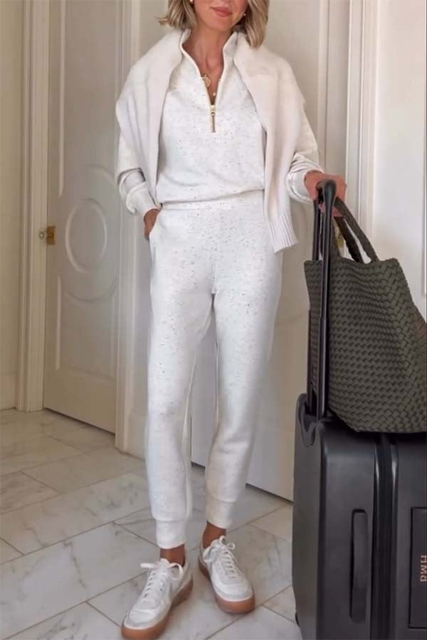 Ivory Marl Fleck Half-Zip Neck Long Sleeve Sweatshirt and Elastic Waist Pocket Jogger Set