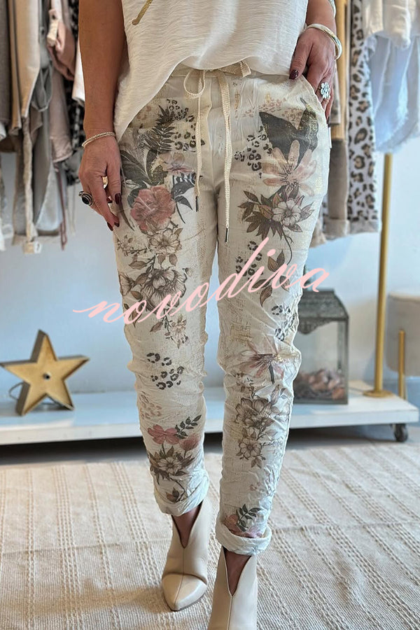 Floral Print Elastic Waist Casual Pocket Pants