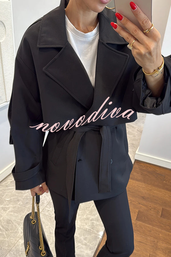 Modern Urban Dropped Shoulder Strap Button Detail Belted Lapel Loose Trench Coat
