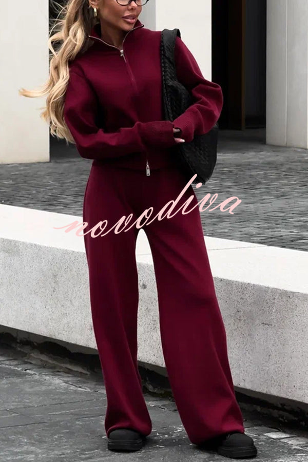 Effortlessly Stylish Ribbed Zipper High Neck Sweatshirt and Elastic Waist Pocketed Loose Pants Set