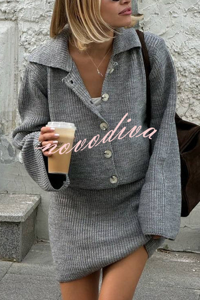 Fashion Lapel Bell Sleeve Knitted Cardigan and Casual Mini Skirt Set