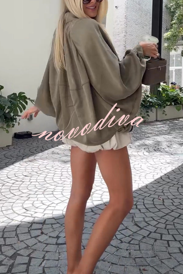 Fashion Lapel Loose Puff Long Sleeve Casual Zipper Jacket