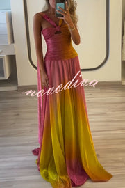 Vireya Metallic Fabric Gradient Print Ruched Cutout Halter Maxi Dress
