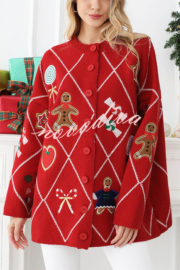 Argyle Candy Gingerbread Man Embroidered Button-knit Cardigan