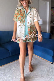 Retro Linen Blend Floral Print Shirt and High Rise Pocketed Slit Shorts Set