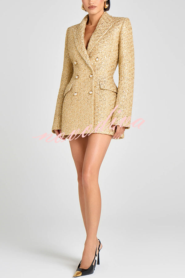 Heels Click Tweed Fabric Pearl Button Long Sleeve Lapel Blazer Mini Dress