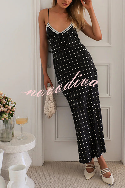 Polka Dot Print Sleeveless Patchwork Lace-up Midi Dress