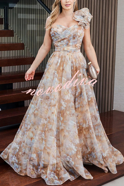 Romantic Ball Chiffon Floral One-shoulder Pleated Design Back Lace-up Gown Maxi Dress