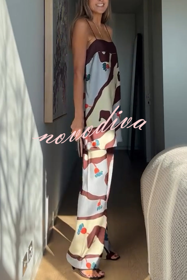 Loving Views Satin Unique Print a-line Tank and Elastic Waist Loose Pants Set